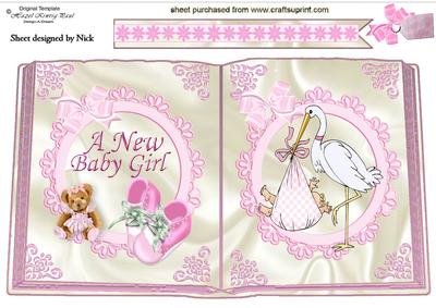 Baby Girl with Stork Bootees and Bear Open Book A4