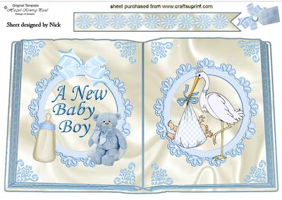Baby Boy with Stork, Bottle and Bear Open Book A4