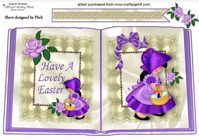 Little Easter Girl in Purple Bonnet with Eggs Open Book A4