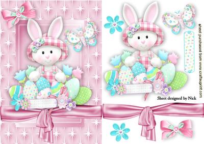 Cutie Easter Bunny in Bonnet with Lots of Easter Eggs
