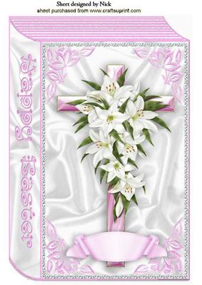 Beautiful Pink Cross with Lillies and Banner Folded Book A4