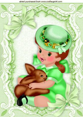 Easter Bonnet Girl with Her Bunny and Bows A4