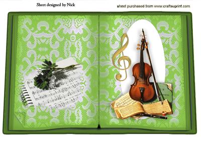 Violin and Flowers on Green Lace Open Book A4