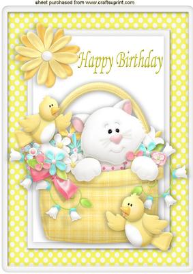Cute Little Puddy Cat with Birds, in a Basket of Flowers A4
