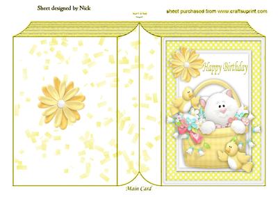 Cute Little Puddy Cat in Basket of Flowers with Birds Book