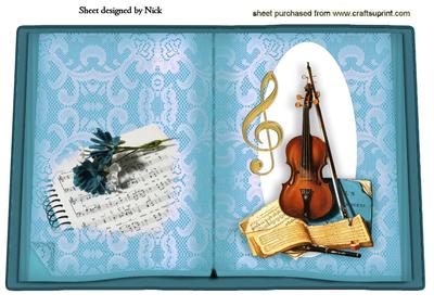 Violin and Flowers in Turq on Open Book A4