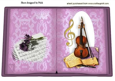 Violin and Flowers with Pink Lace Open Book A4
