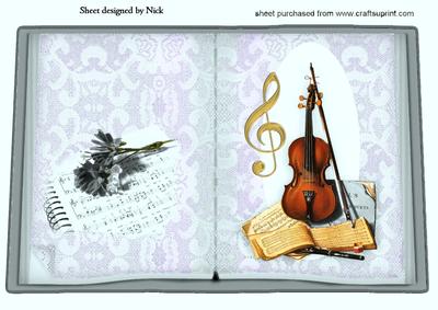 Violin with Flowers in Silver Lace on Open Book A4