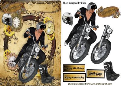 Biker Dude with Boots and Helmet in Steam Punk Frame