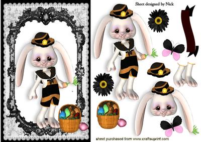 Easter Bunny with Basket of Eggs Butterflies in Lace Frame
