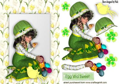 Little Girl in Easter Bonnet with Chick in Floral Frame