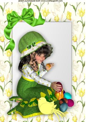 Little Girl with Easter Bonnet and Chick in Floral Frame A4