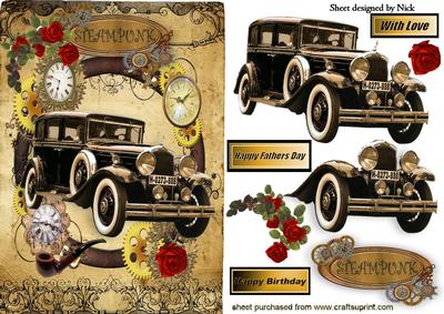 Vintage Car with Red Roses in Steam Punk Frame
