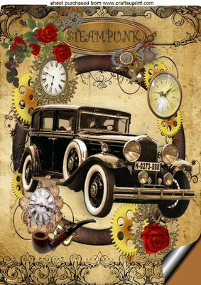 Vintage Car with Red Roses in Steam Punk Frame A4