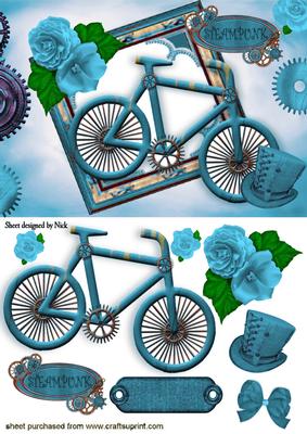 Ladies Turq Bike with Hat in Steampunk Frame