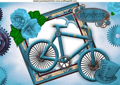 Ladies Turq Bike with Hat and Rose in Steampunk Frame A4
