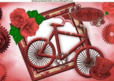 Ladies Red Bike with Hat and Rose in Steampunk Frame A4