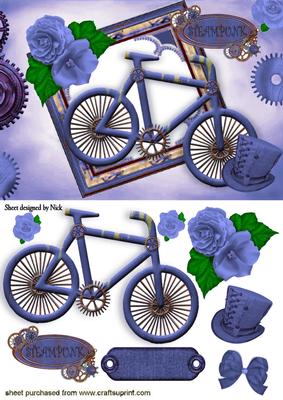 Ladies Blue Bike with Roses and Hat in Steampunk Frame