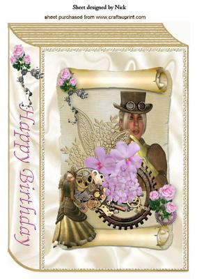 Steampunk Lady on a Scroll with Pink Roses Book A4