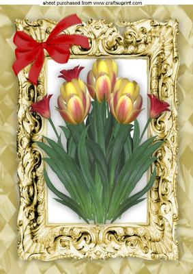 Red and Yellow Tulips in Gold Frame with Bow A4