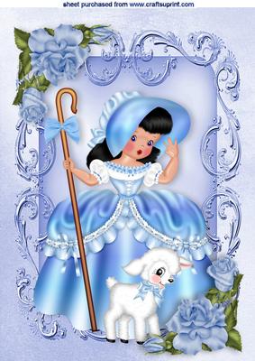 Little Bo Peep in Blue with Little Lamb and Blue Roses A4