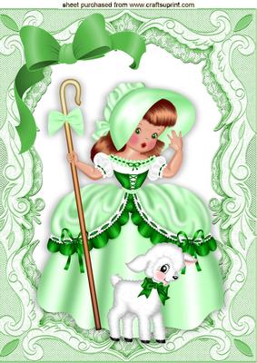 Little Bo Peep in Green with Little Lamb and Green Bow A4