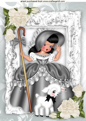 Little Bo Peep in Silver with Little Lamb and Cream Roses A4