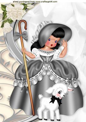 Little Bo Peep in Silver, with Little Lamb and Roses A4