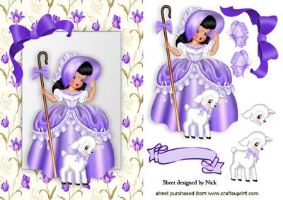 Little Bo Peep in Purple with Little Lamb in Floral Frame