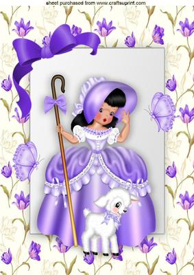 Little Bo Peep in Purple with Little Lamb and Butterflies A4