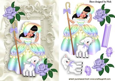 Little Rainbow Bo Peep with Little Lamb and Roses in Frame