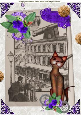 Steampunk Cat with Purple Roses with Town Background A4