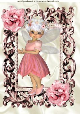 Little Rosebud Fairy in Pink in Ornate Frame A4