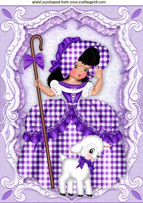 Little Bow Peep with Her Little Lamb in Purple Gingham