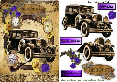 Vintage Car with Purple Roses in Steampunk Frame