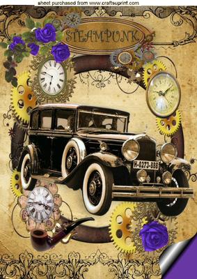 Vintage Car with Purple Rose in Steampunk Frame A4