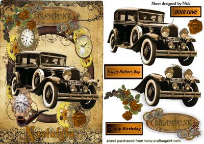 Vintage Car with Orange Roses in Steampunk Frame