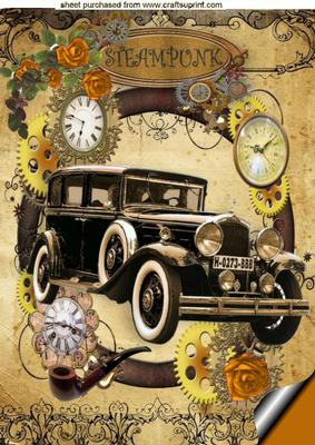 Vintage Car with Orange Roses in Steampunk Frame A4