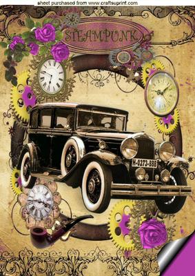 Cerise Roses with Vintage Car in Steampunk Frame A4