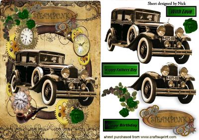 Green Roses with Vintage Car in Steampunk Frame