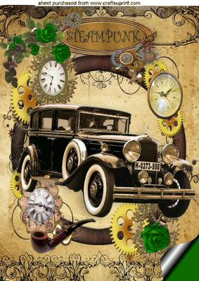 Green Roses with Vintage Car in Steampunk Frame A4