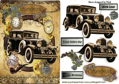 Silver Roses with Vintage Car in Steampunk Frame