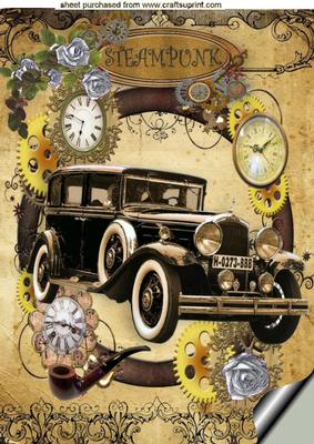Silver Roses with Vintage Car in Steam Punk Frame A4
