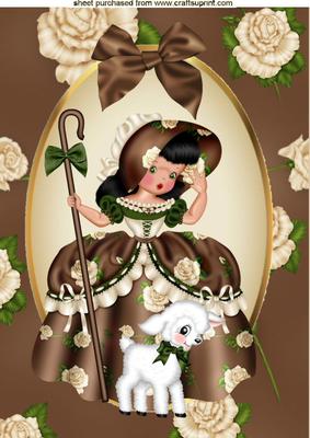 Little Bo Peep in Brown with Little Lamb and Cream Roses A4