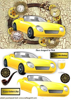 Yellow Sports Car in Steampunk Frame with Pipe