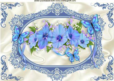 Pretty Blues and Pink Flowers in Ornate Frame A4