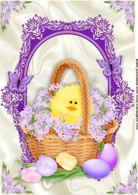 Little Easter Chick in Basket of Flowers and Eggs A4