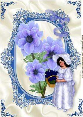 Pretty Blue Flowers with Vintage Lady in Ornate Frame A4