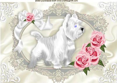 Westie in a Ornate Frame with Pretty Pink Roses A4