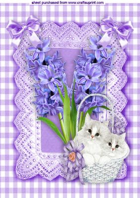 Kittens in a Basket with Bluebells in Gingham Frame A4